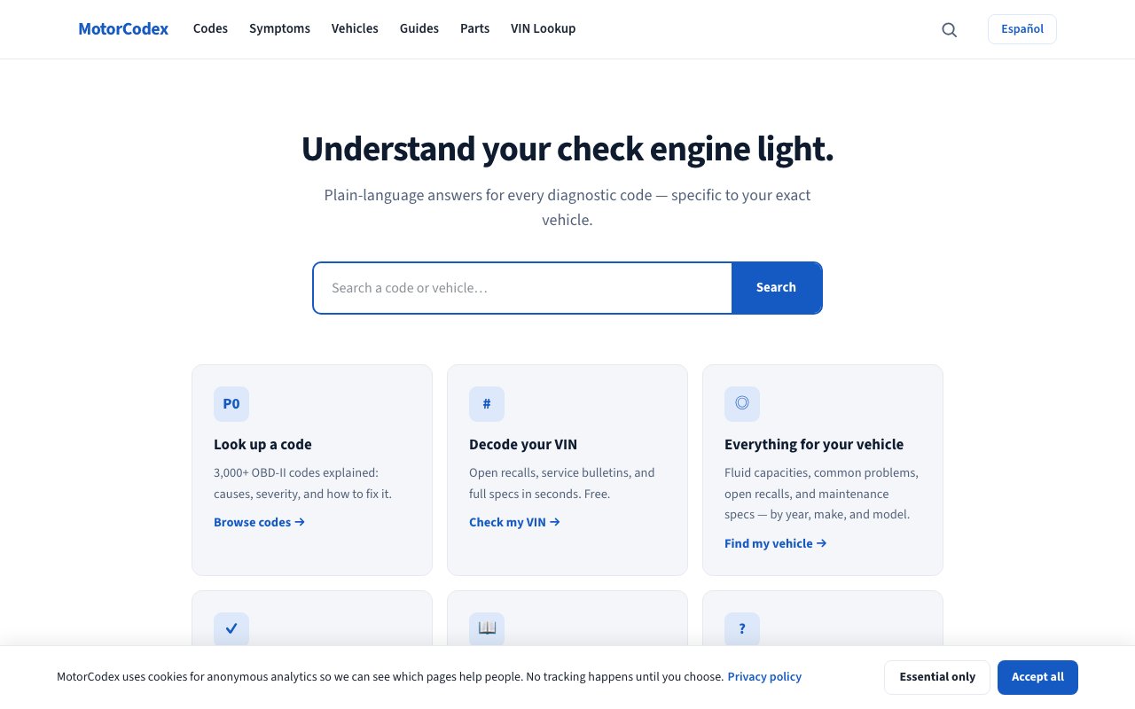 Screenshot of the MotorCodex website