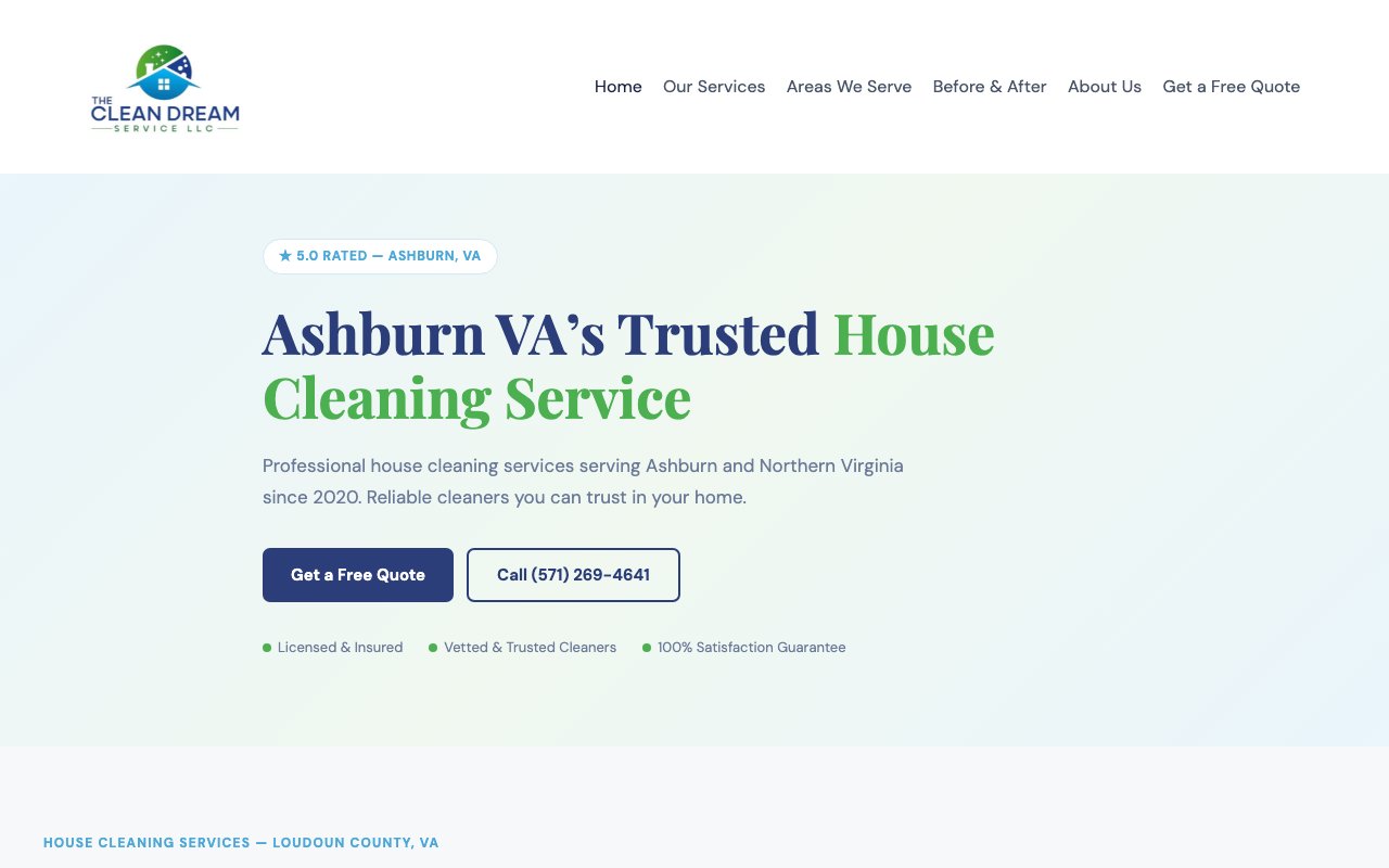 Screenshot of the The Clean Dream Service website